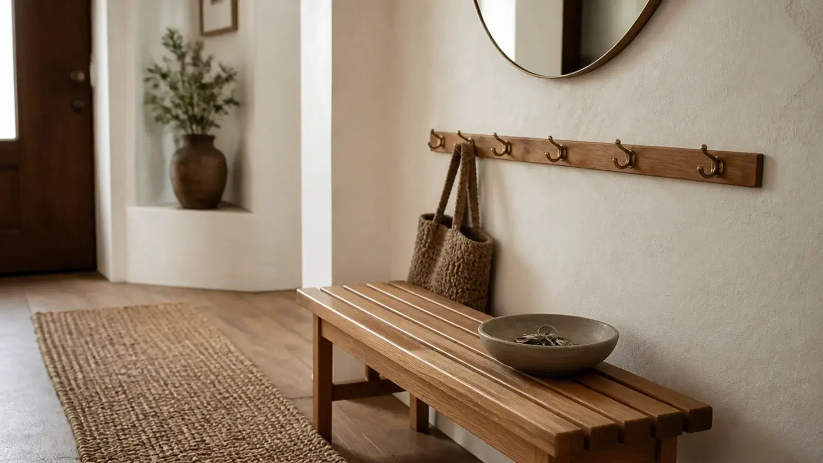 easy entryway ideas with an oak bench brass hooks and a round mirror