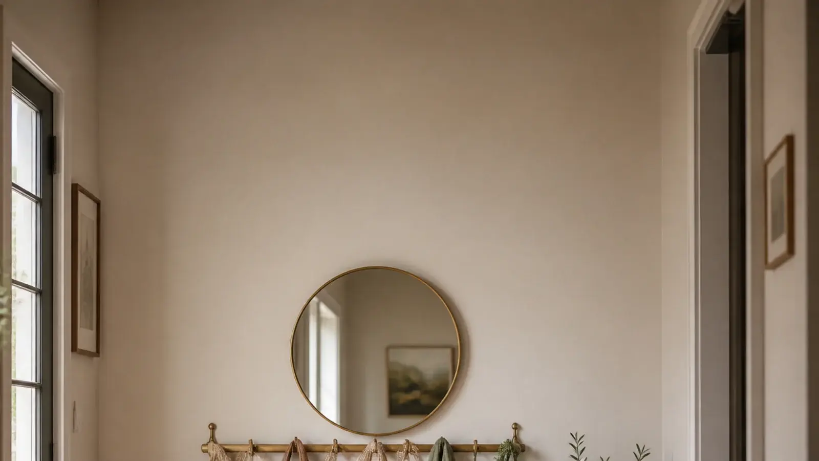 vertical entryway ideas image with hooks a bench a mirror and runner