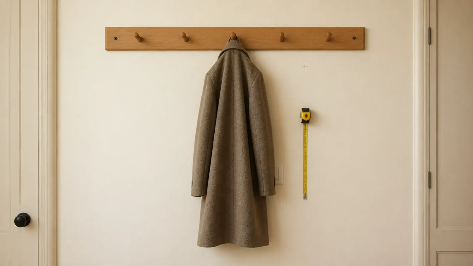 coat hooks mounted too high with a jacket hem brushing a light switch