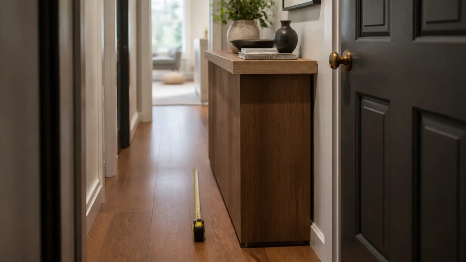 deep console table narrowing a hallway walkway beside an open door