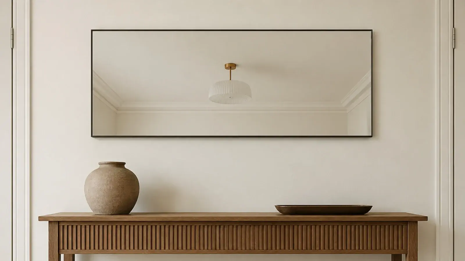 entryway mirror hung too high reflecting the ceiling above a console