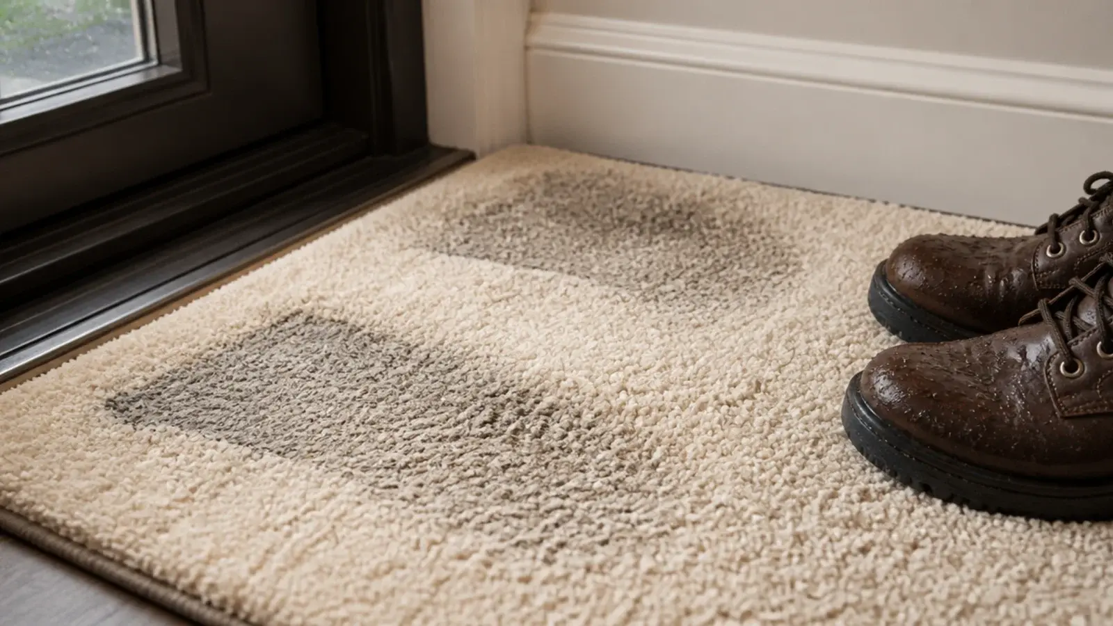 flattened deep pile runner by an entry door showing worn grey patches