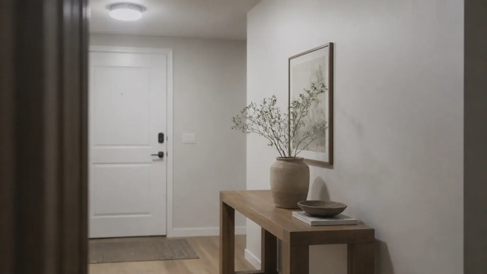 flat overhead lighting flattening an entryway with harsh grey shadows