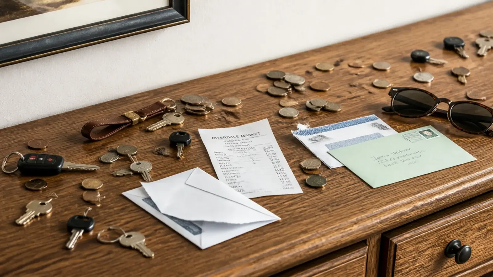 keys mail and sunglasses spread loose across an entryway console top