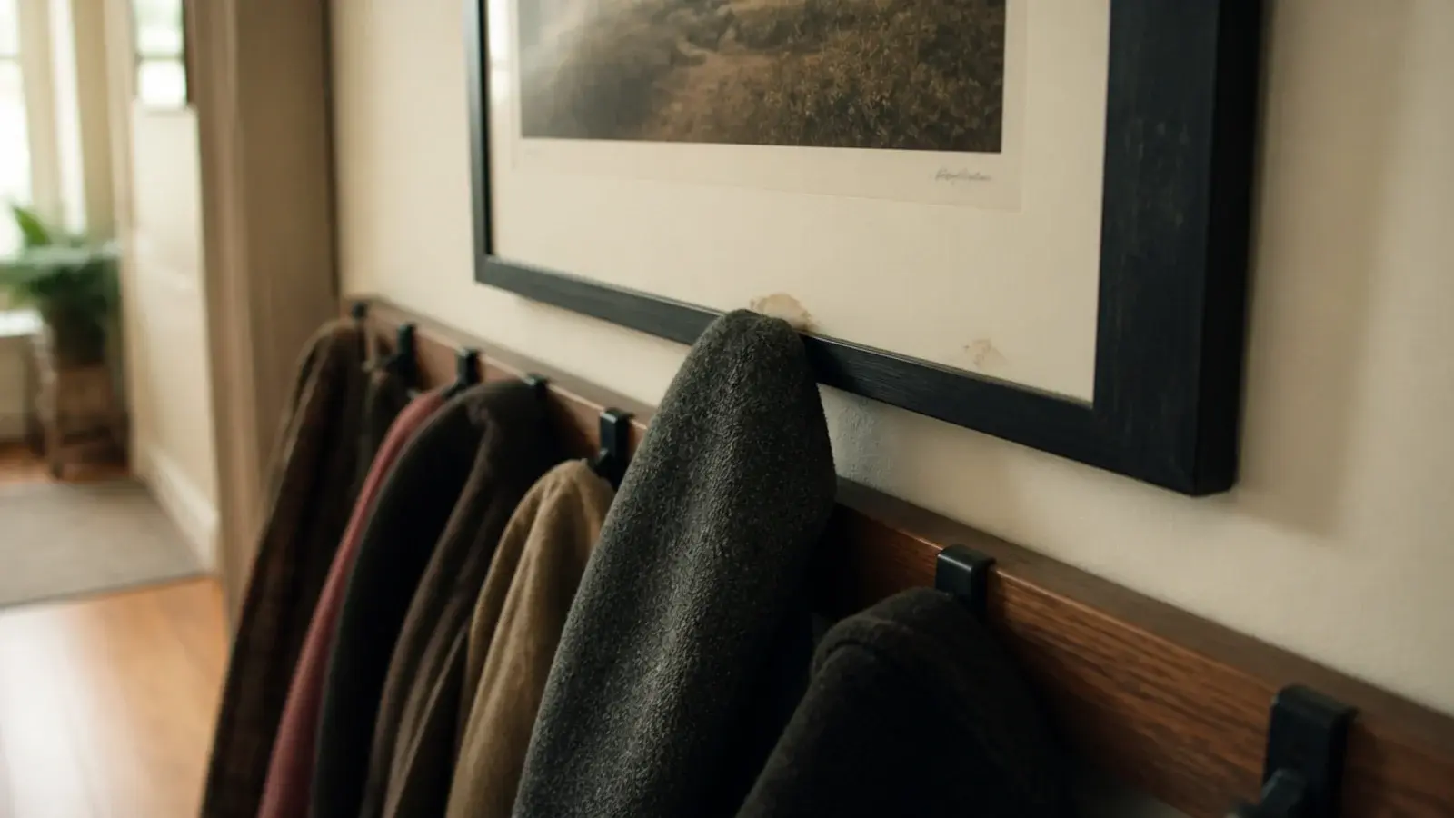 framed print hanging just above coat hooks brushed by a wet sleeve