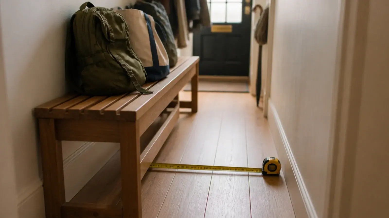 long entryway bench blocking a narrow walkway beside a front door