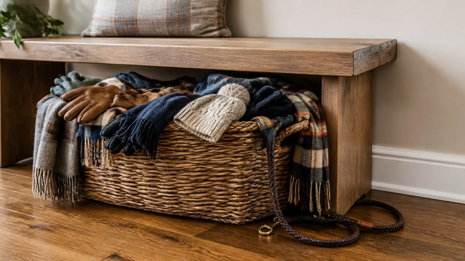 overflowing shared entryway basket with gloves and hats spilling out