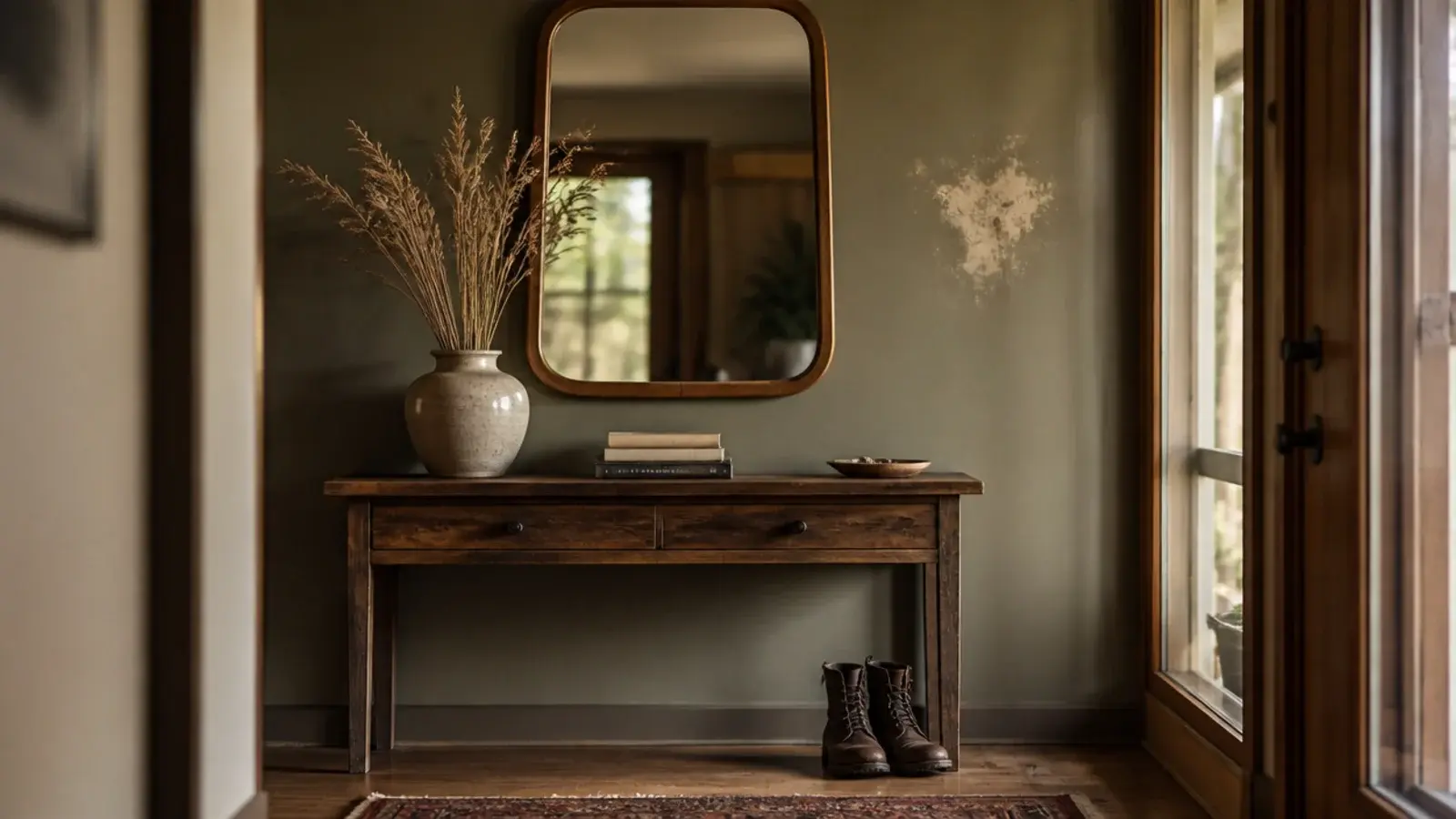 styled entryway with no seat and boots being pulled off standing up