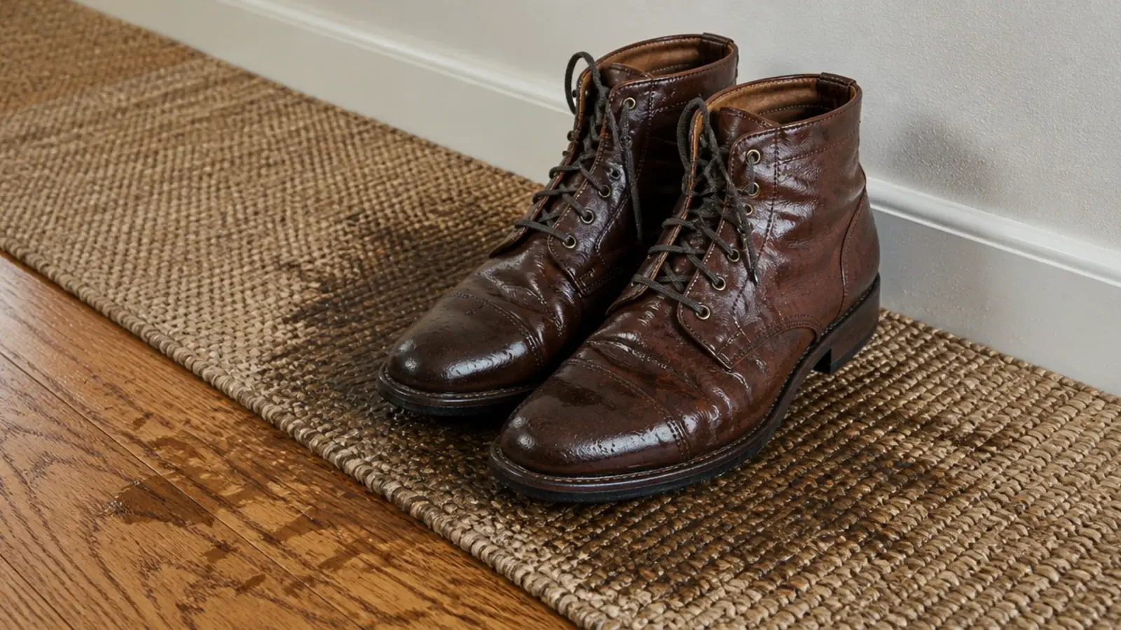 wet boots leaving water marks on an entryway runner and floorboards
