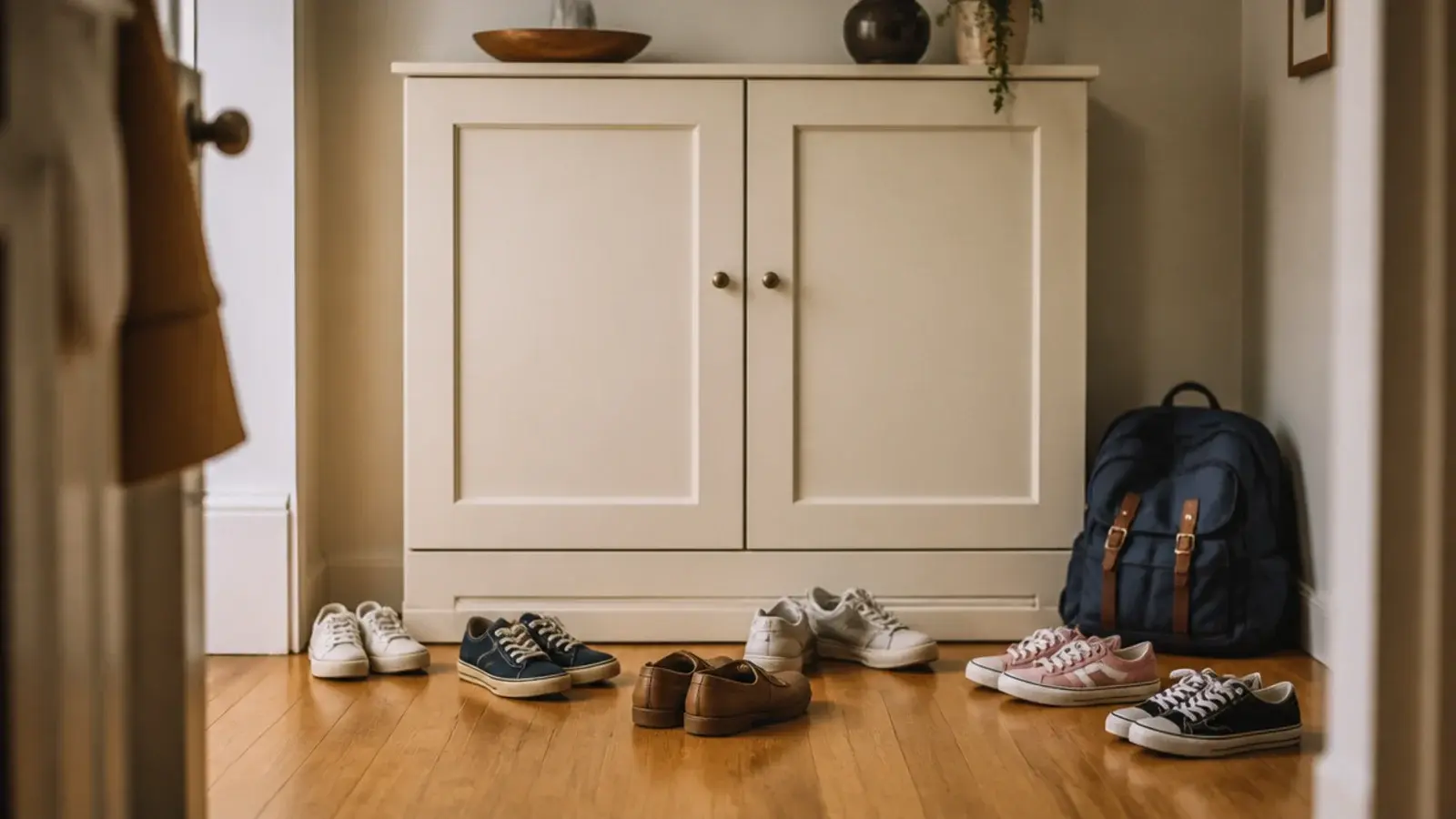closed entryway cabinet with shoes piled on the floor in front of it