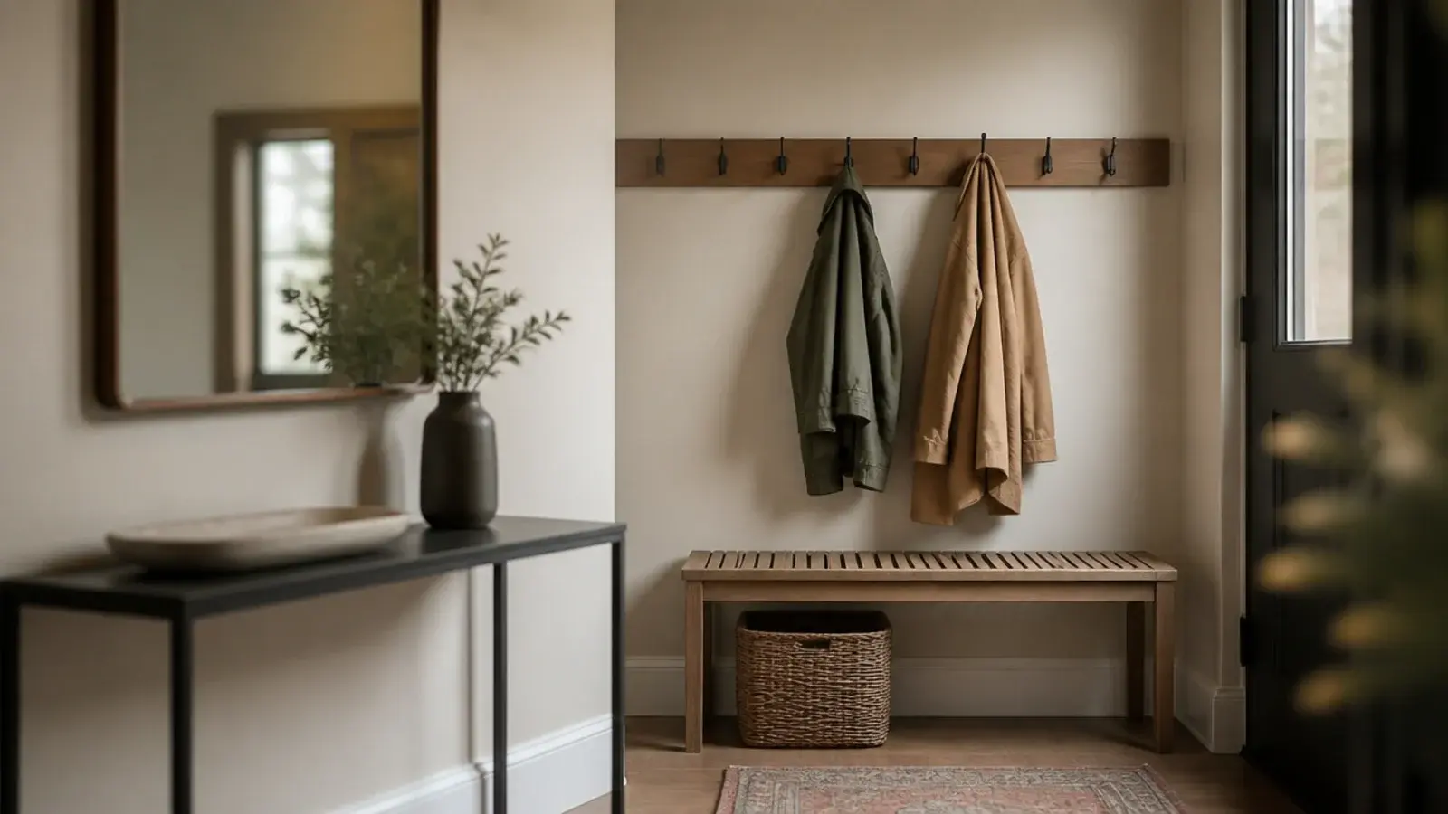 calm working entryway with hooks tray bench and mirror at right heights
