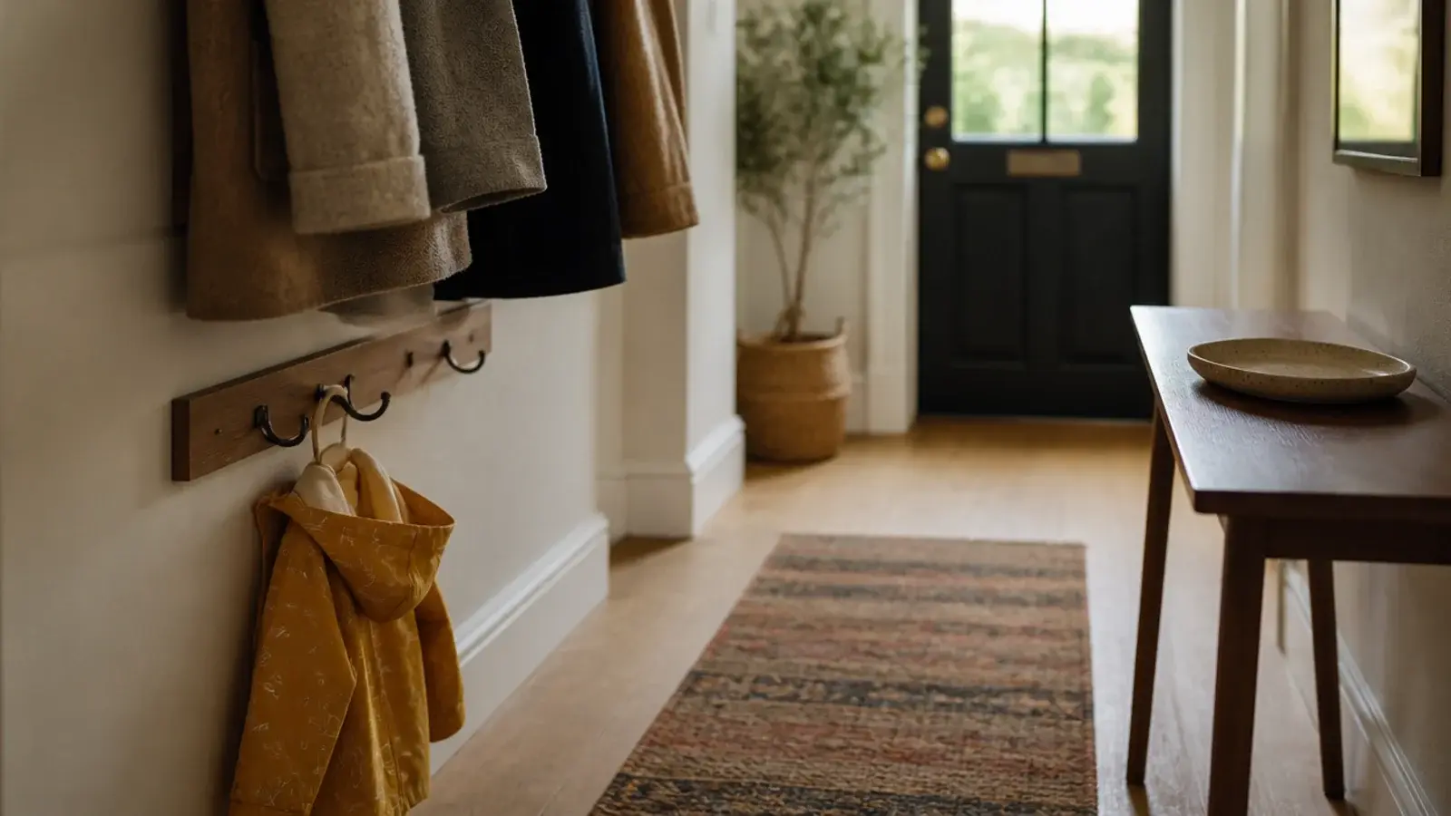 entryway mistakes corrected with hooks at the right height and a clear tray