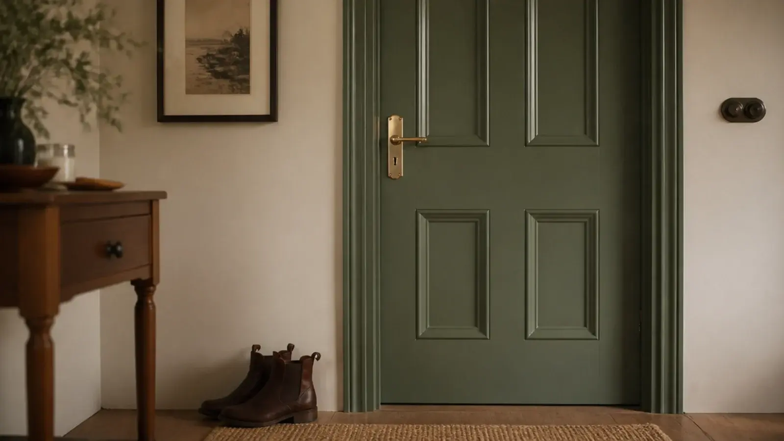 deep sage painted front door interior seen from a cream entryway