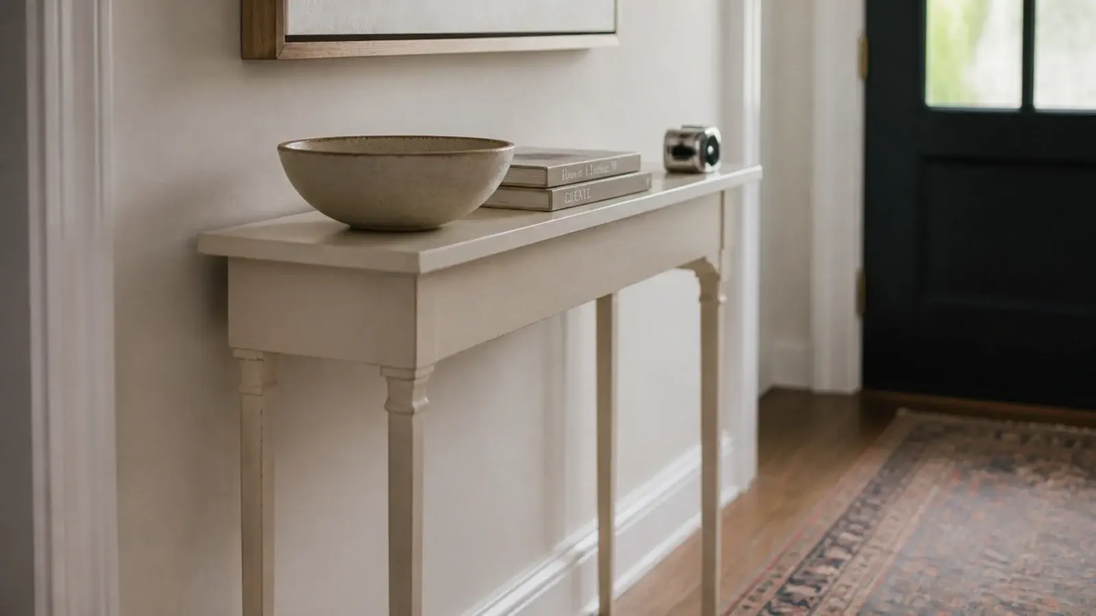 narrow thrifted console table cut down to fit a tight entryway
