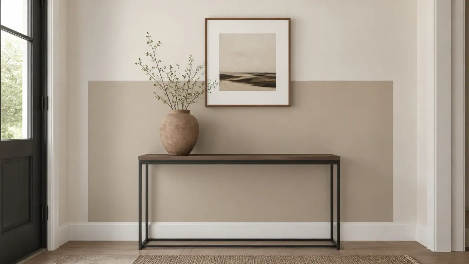 painted rectangle of sand color behind a small entryway console table