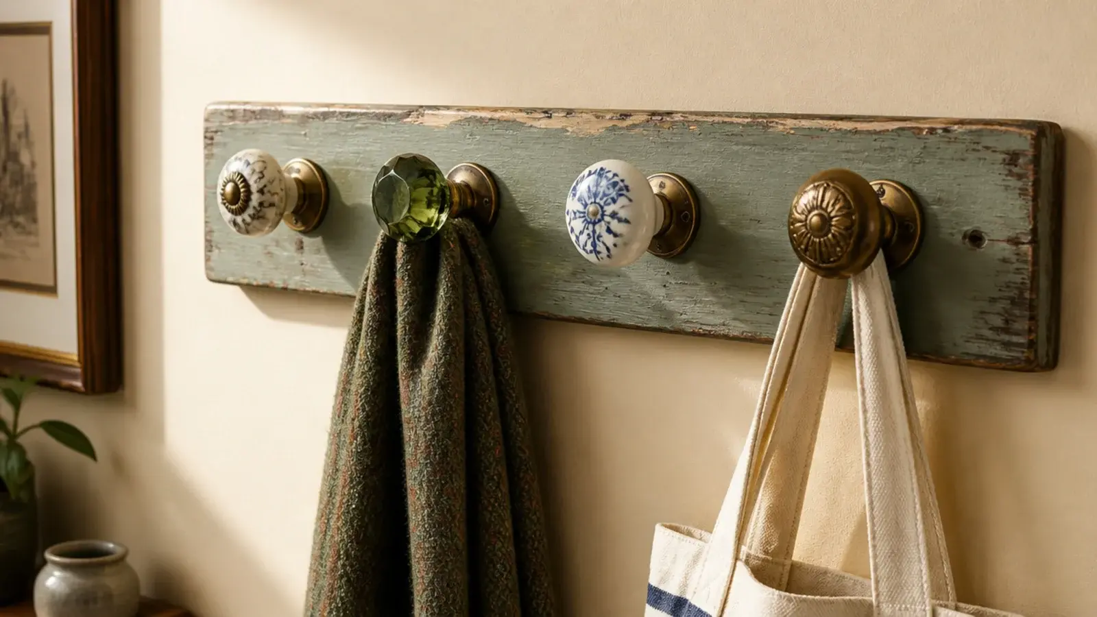row of mismatched vintage door knobs used as entryway coat hooks