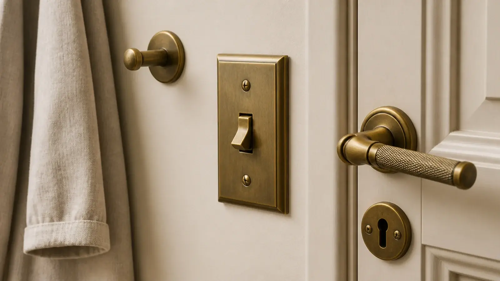 brass sprayed hooks and switch plate matching an entryway door handle