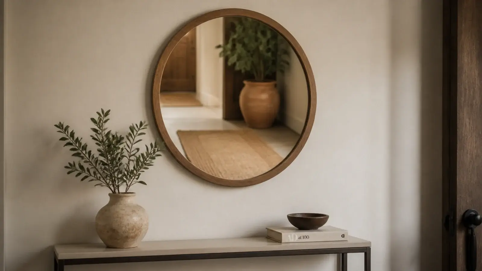 round thrifted mirror hung above a budget entryway console table