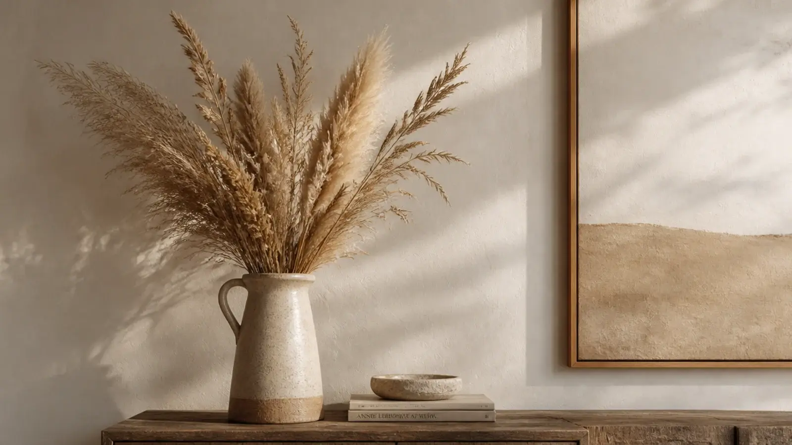 dried grasses arranged in a thrifted stoneware jug on an entry table