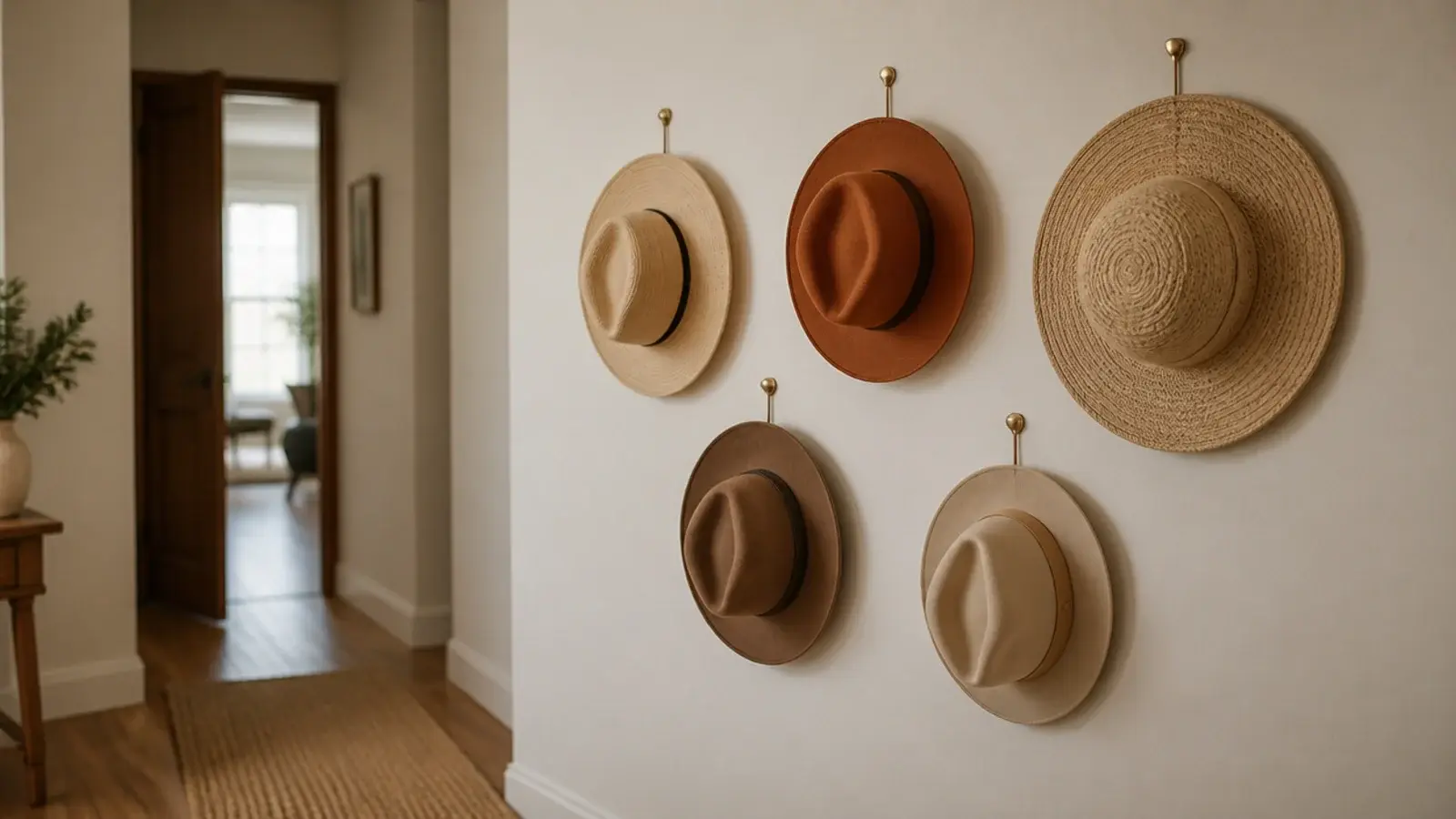 straw and felt hats arranged on small brass cup hooks in an entry
