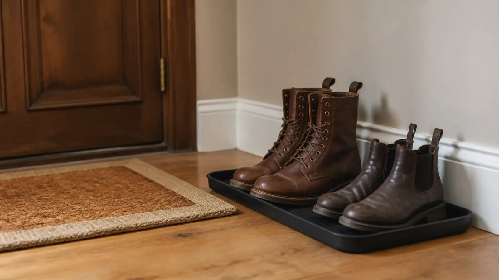 jute doormat and metal boot tray beside a budget entryway door