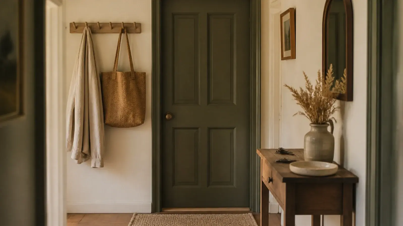 budget entryway with a painted door peg rail and thrifted console table