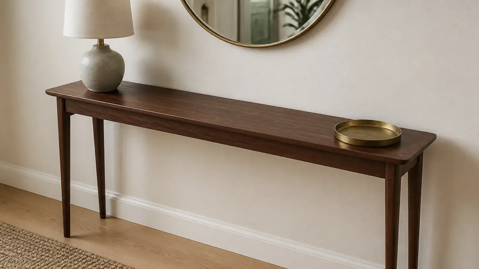 nearly bare console table with only a tray and lamp beside a mirror