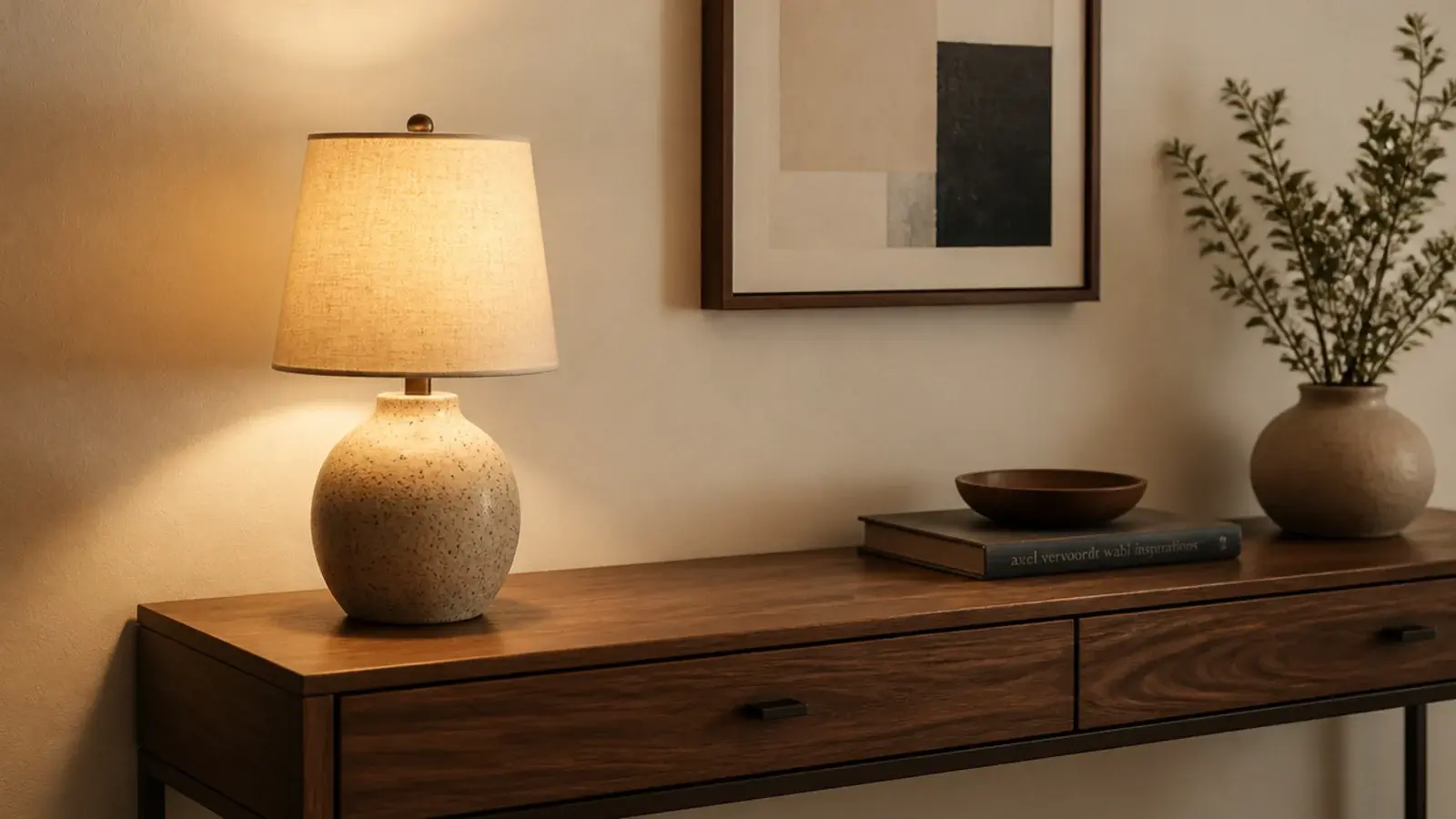 small ceramic lamp anchoring one end of a styled entryway console