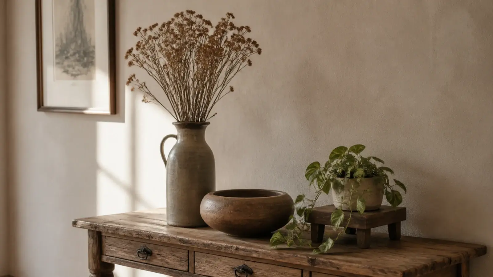 three entryway table objects arranged at three clearly different heights