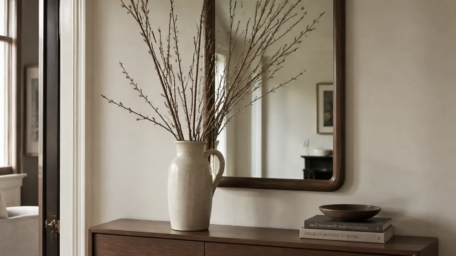 tall stoneware jug of branches standing on an entryway console table