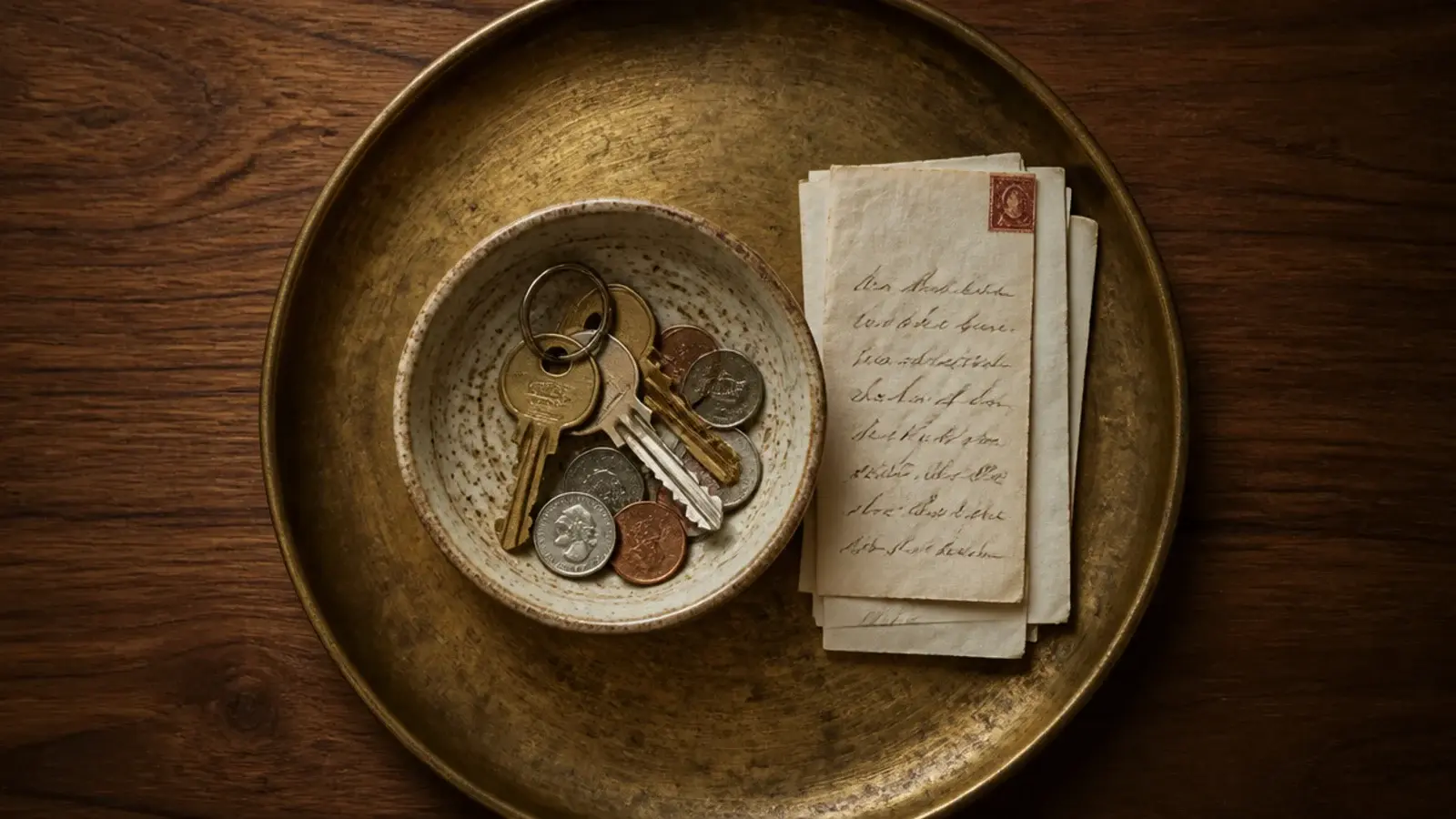 small stoneware bowl of keys sitting inside a larger brass tray