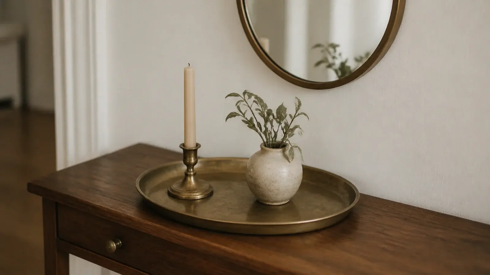 brass tray candlestick and mirror frame repeating across an entryway