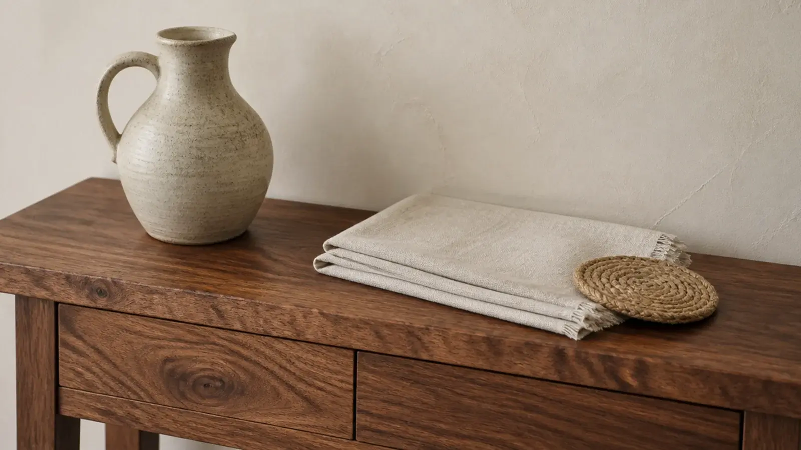 walnut stoneware and linen combined on a simple entryway console