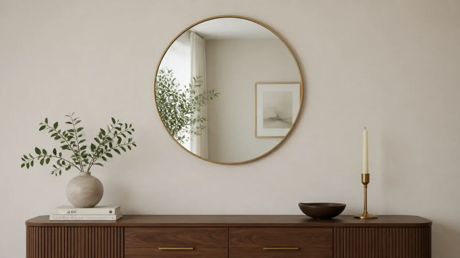 six inch gap of bare wall between a console top and mirror frame