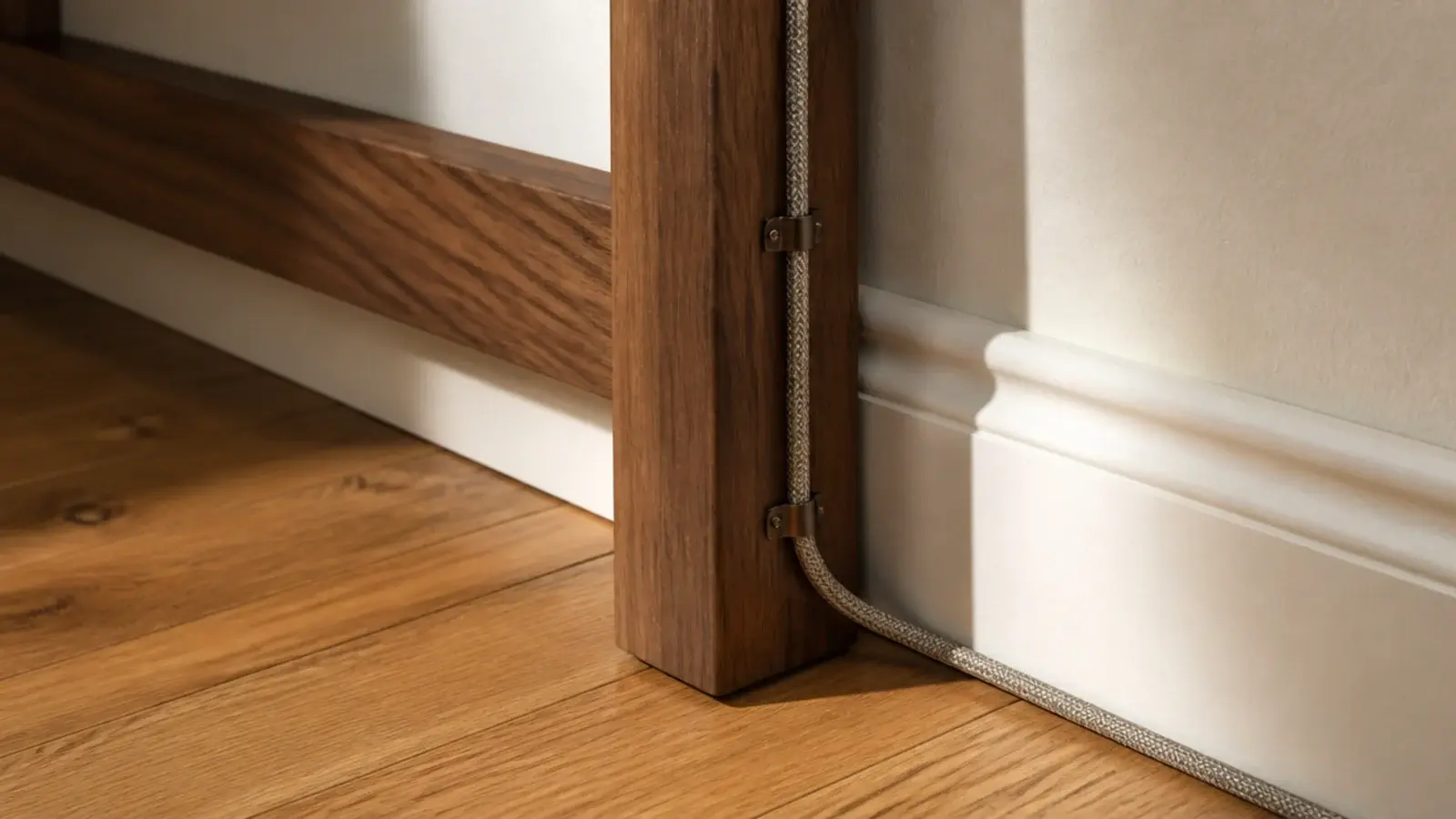 lamp cable clipped neatly down the back leg of an entry console