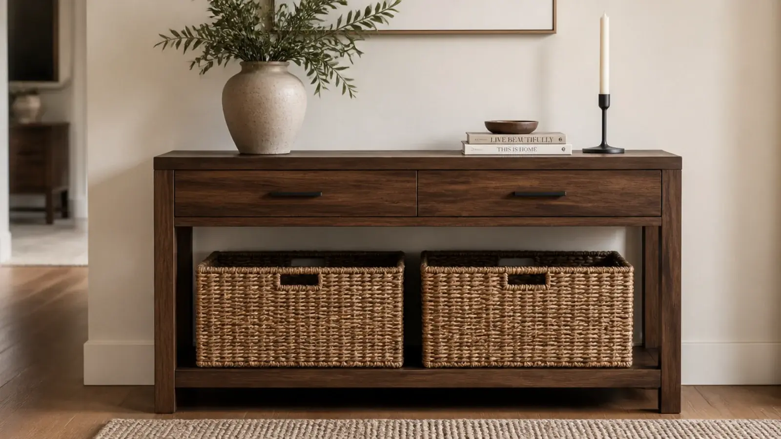 two woven baskets sitting on the lower shelf of an entry console