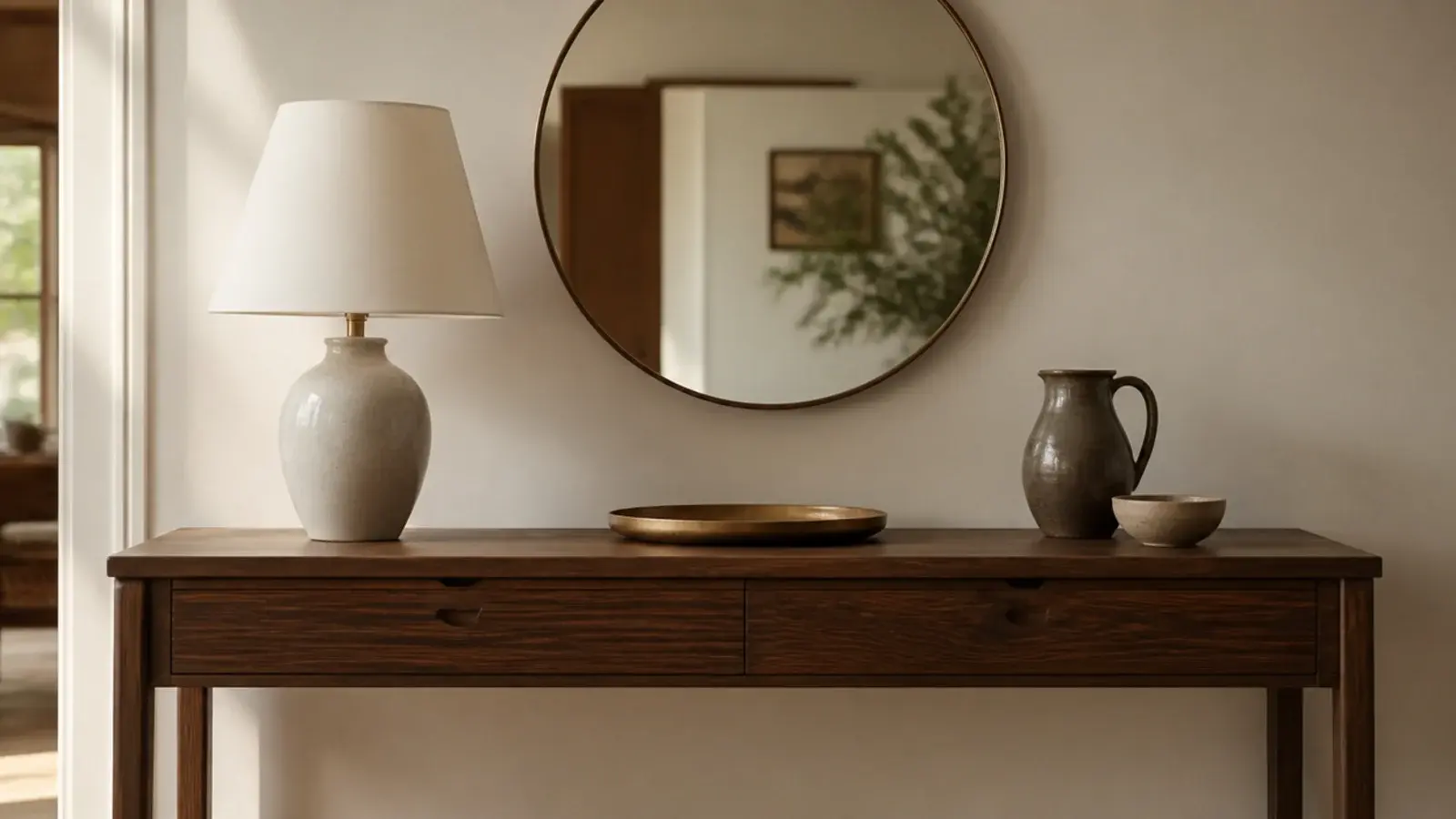 edited entryway console holding only four carefully chosen objects