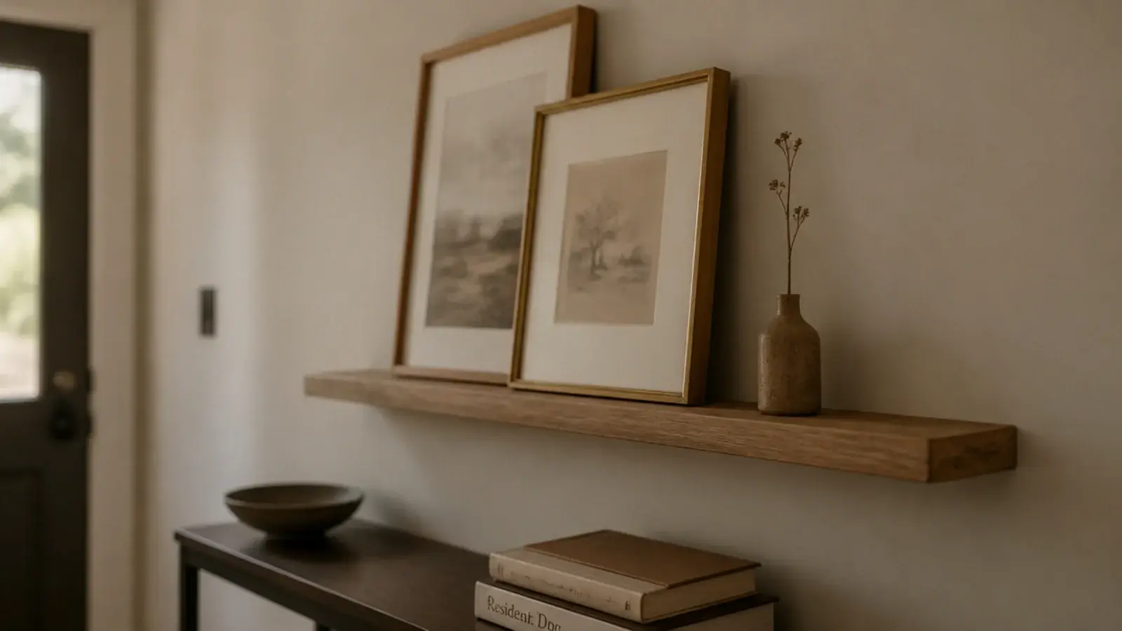 narrow oak picture ledge with leaning prints above an entryway console