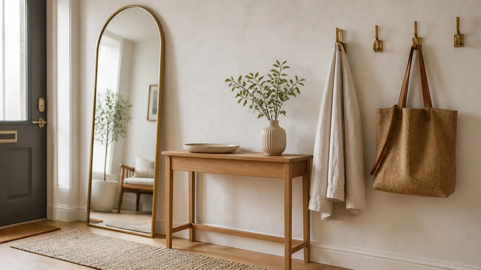 renter friendly entryway wall decor with a leaning mirror and no-drill hooks