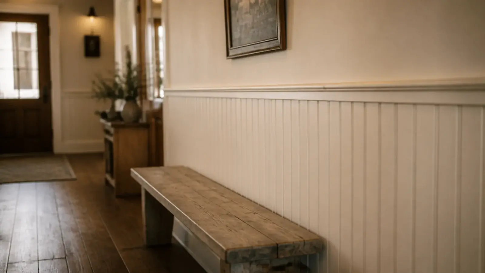 beadboard panelling capped at chair rail height in an entry hall