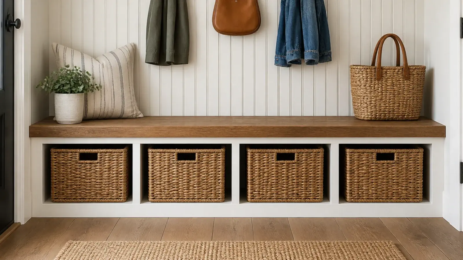 open wooden cubbies beneath a farmhouse entry bench holding baskets