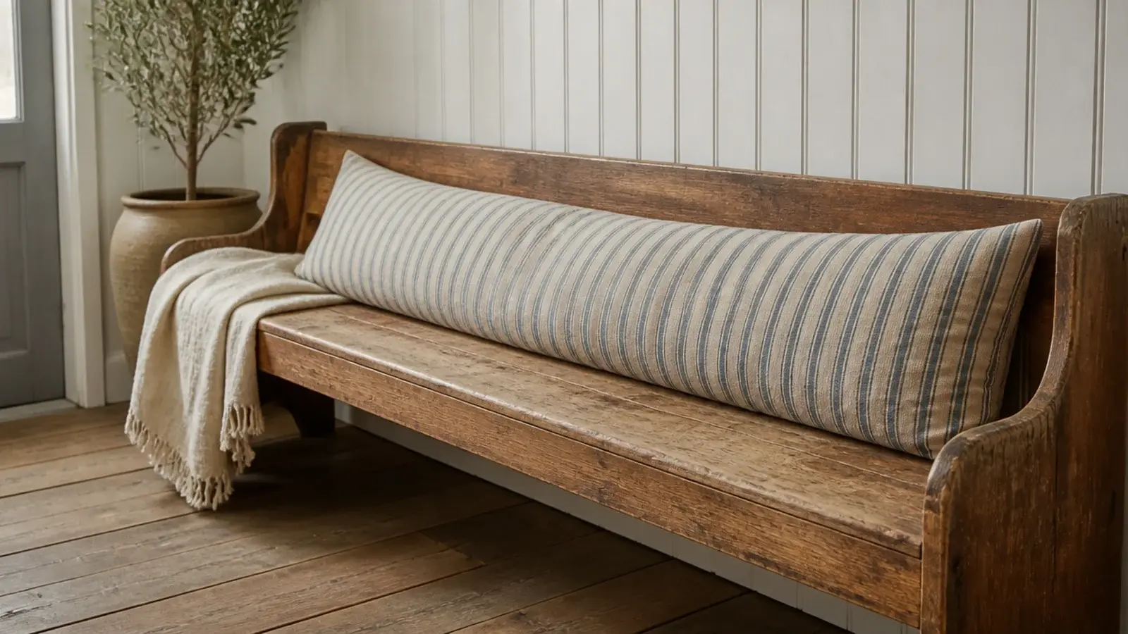 blue ticking stripe cushion laid along a wooden farmhouse bench