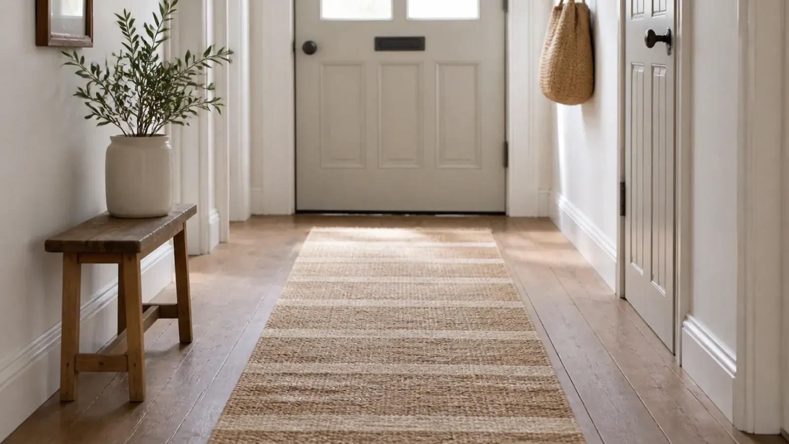 natural jute flat weave runner along a farmhouse entry floor