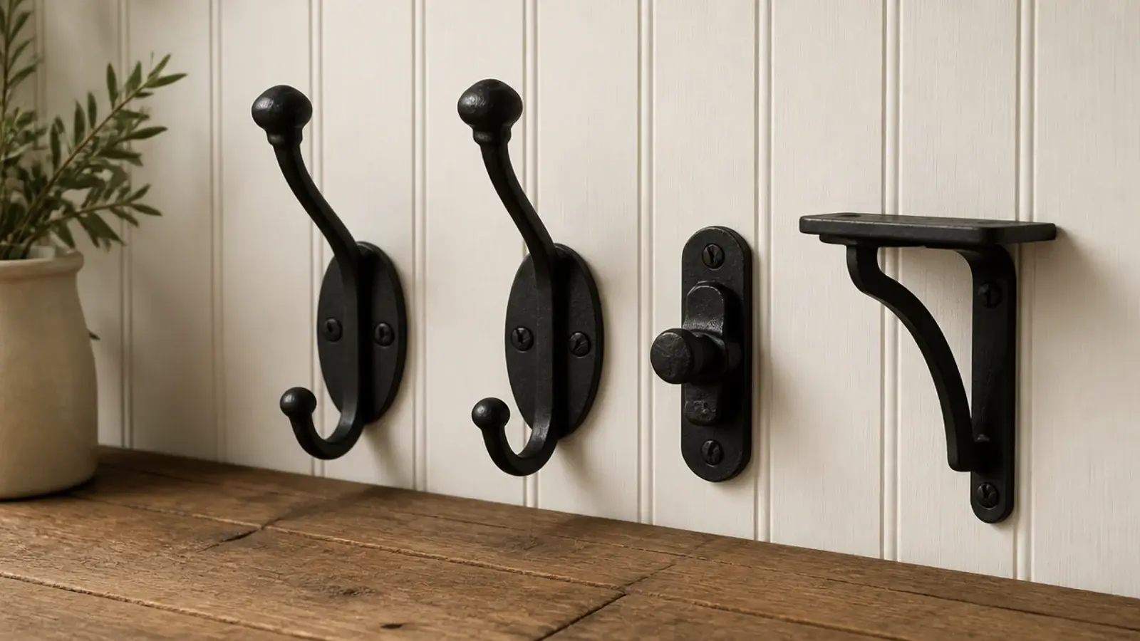 black iron hooks and latch repeated across a farmhouse entryway