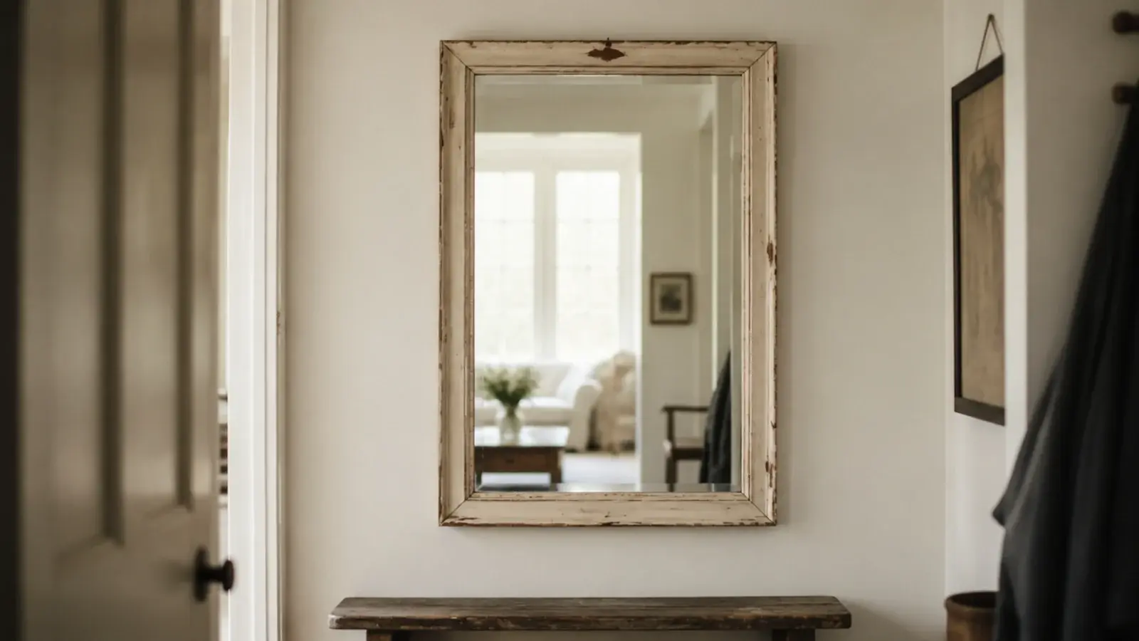 old painted wooden mirror frame with chipped edges in an entry