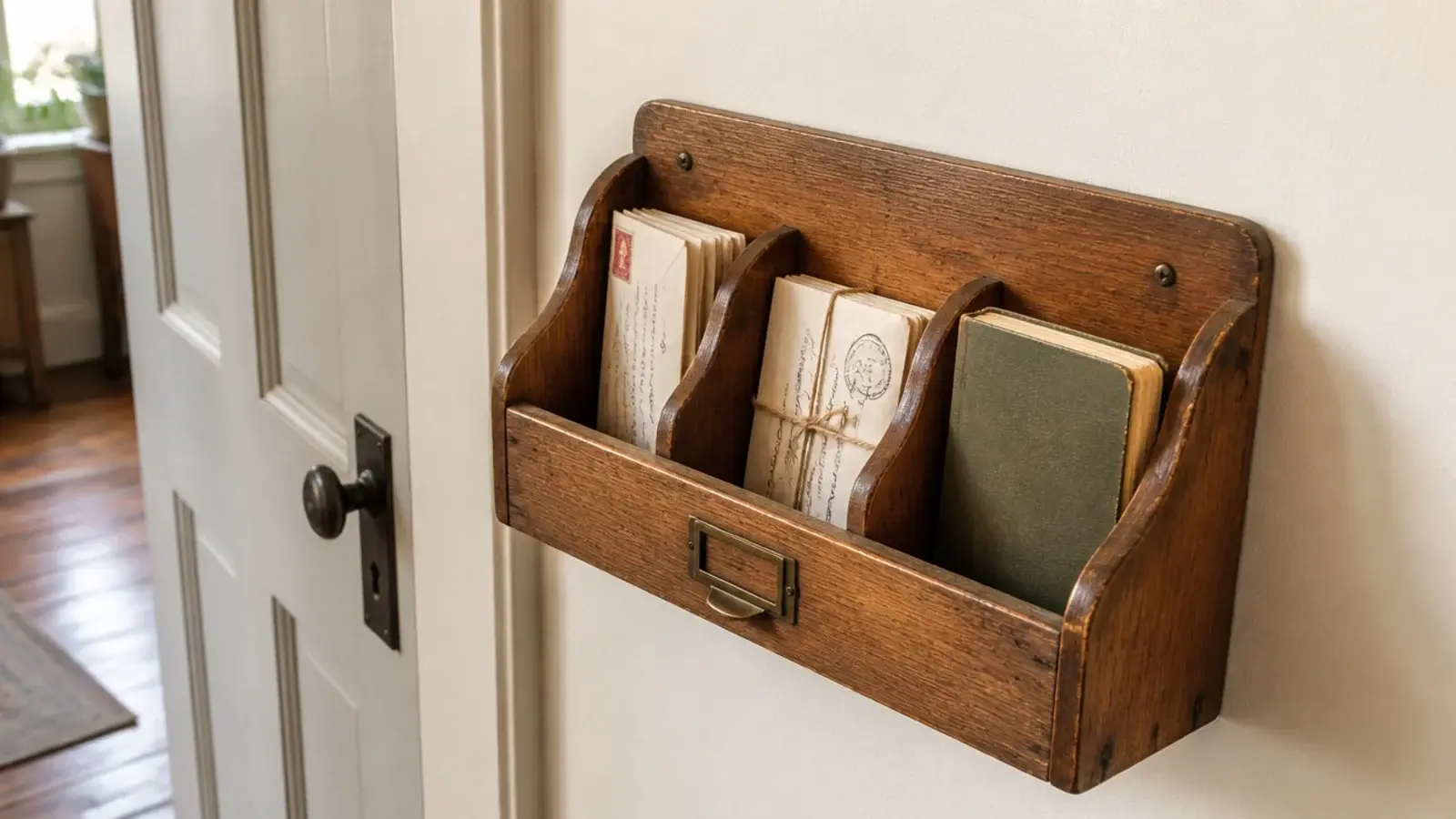 wooden slot mail sorter mounted beside a farmhouse entry door