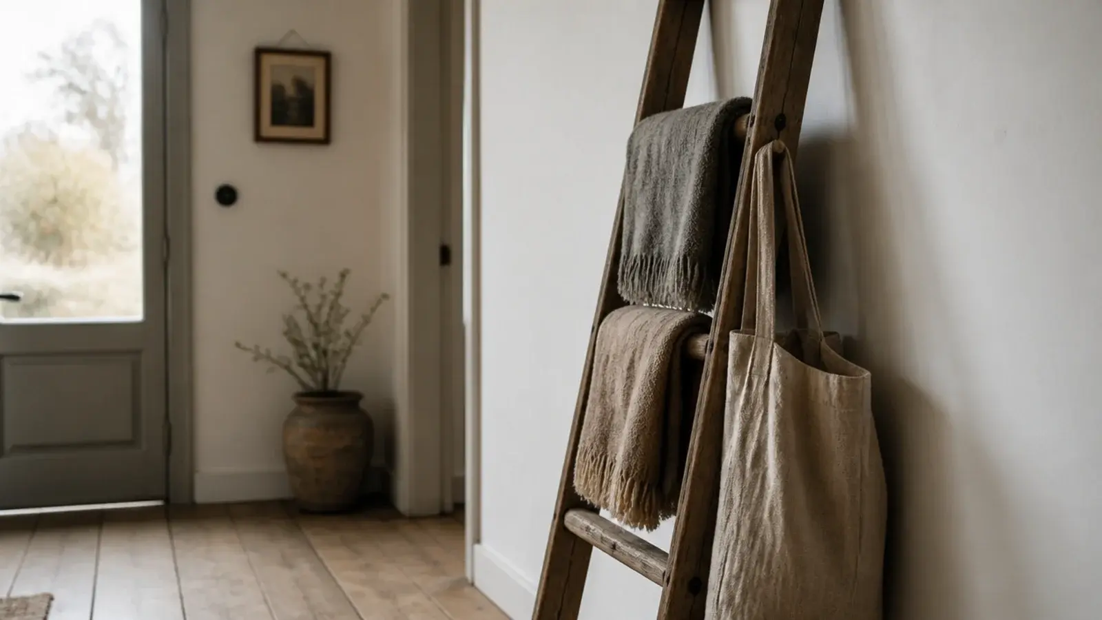 weathered wooden ladder leaning in an entry holding folded blankets