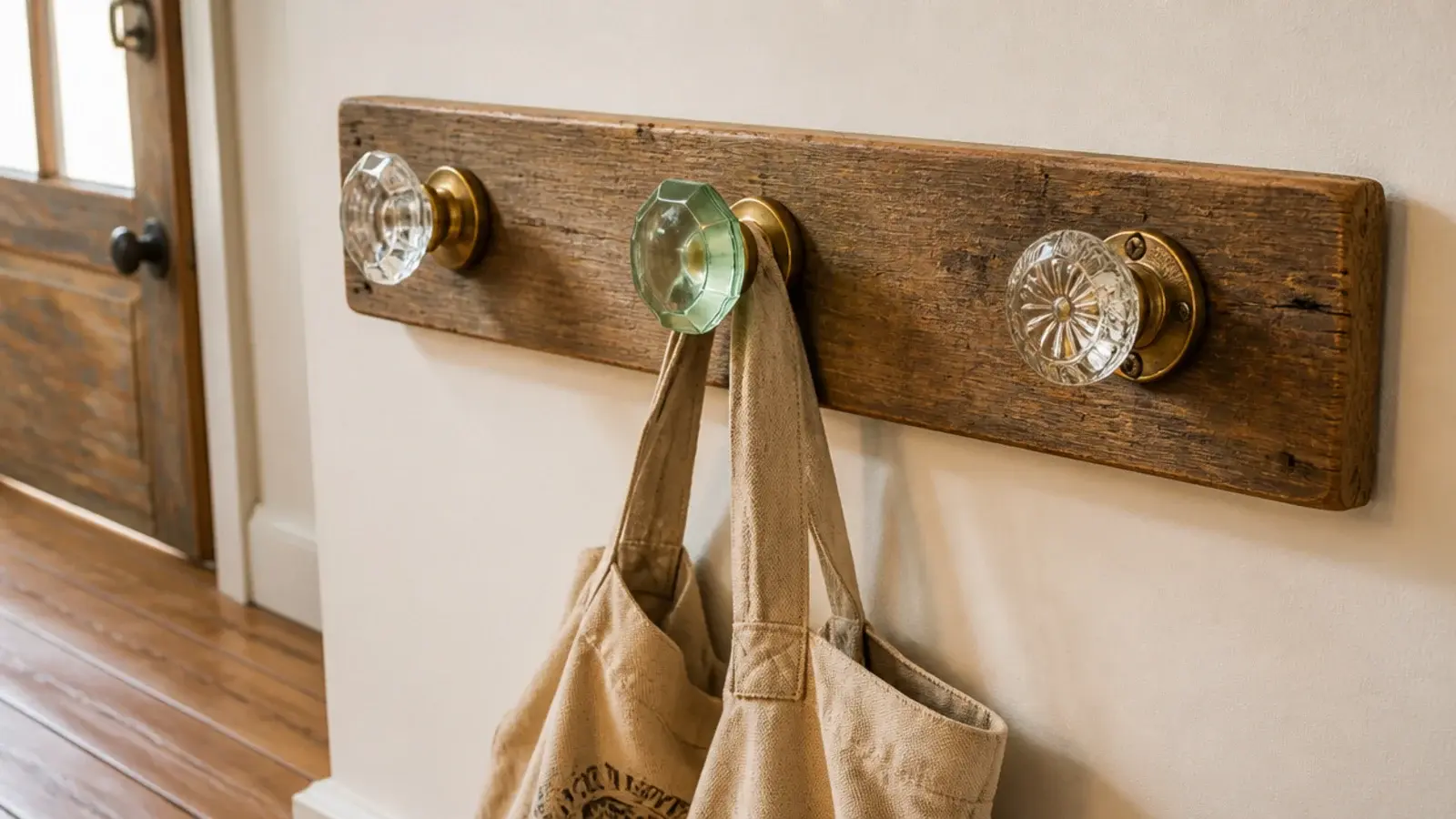 row of antique glass and brass doorknobs used as entryway hooks
