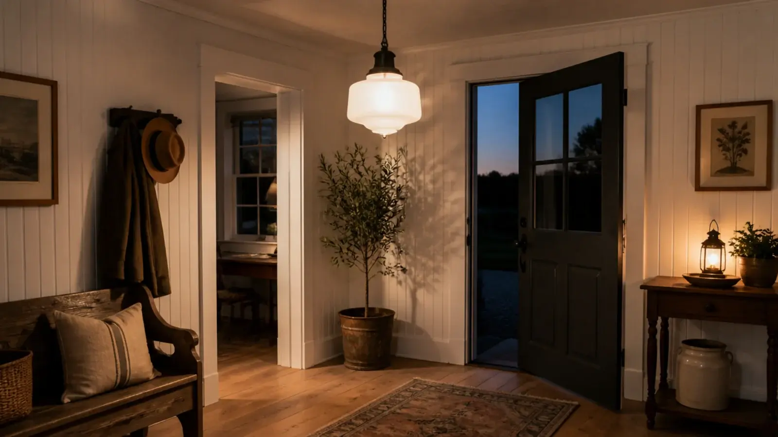 white schoolhouse pendant light glowing in a farmhouse entryway