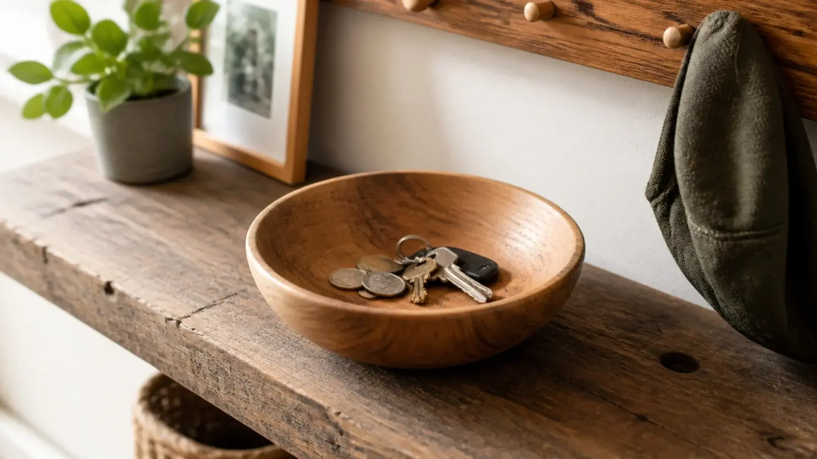 hand turned wooden bowl holding keys on a farmhouse entry shelf